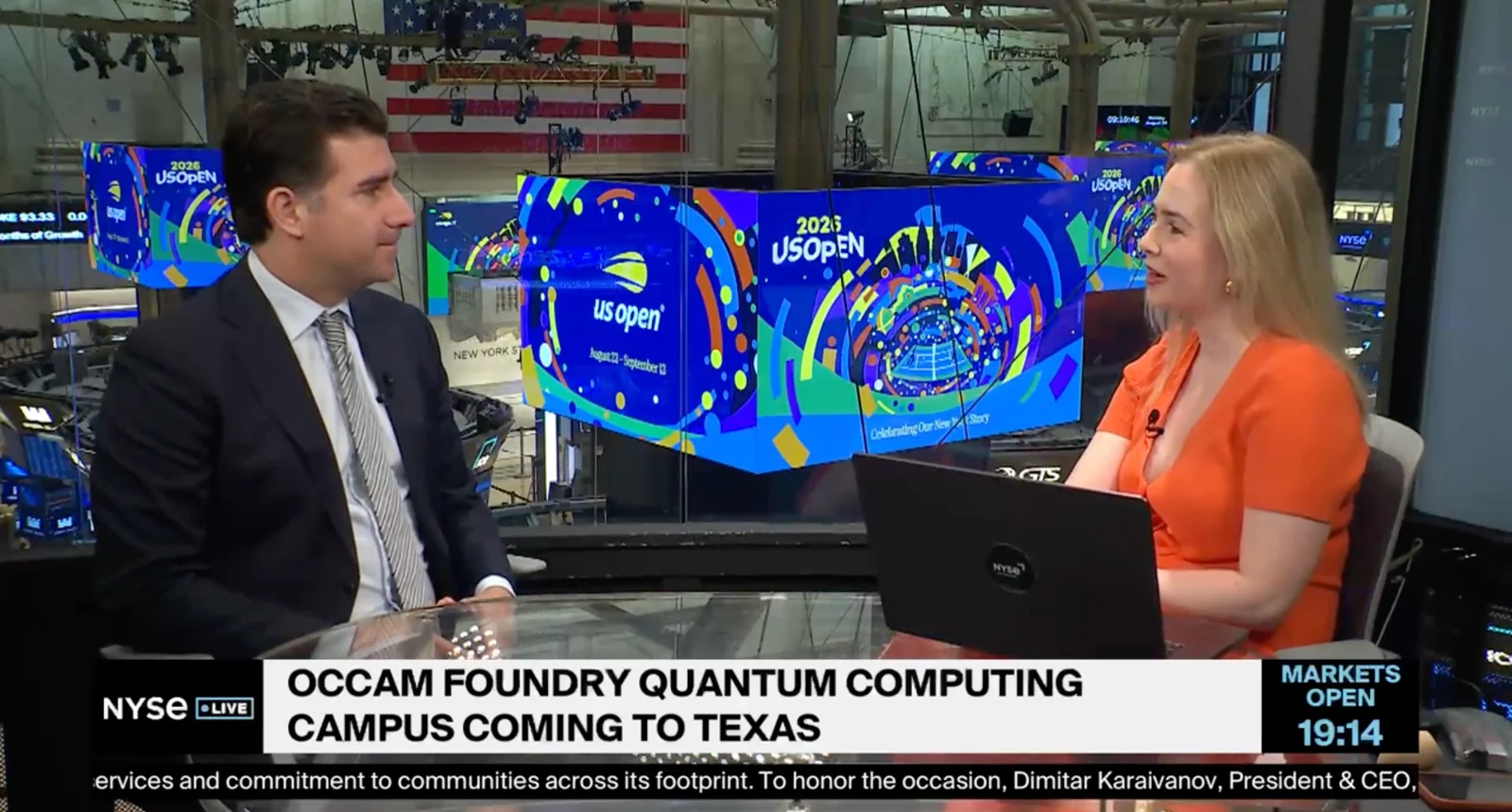 Matt Cimaglia interviewed on the floor of the New York Stock Exchange, with the chyron reading Occam Foundry quantum computing campus coming to Texas