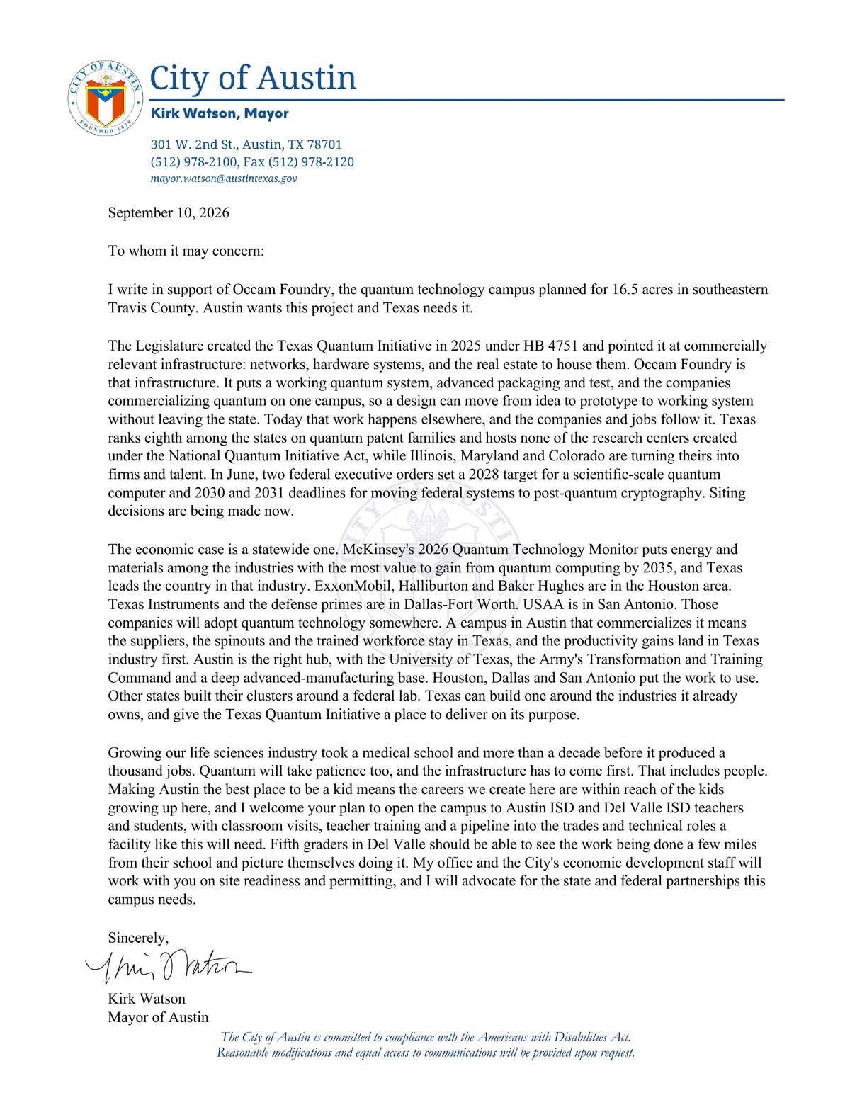 Letter of support for Occam Foundry from Kirk Watson, Mayor of Austin, dated September 10, 2026, on City of Austin letterhead