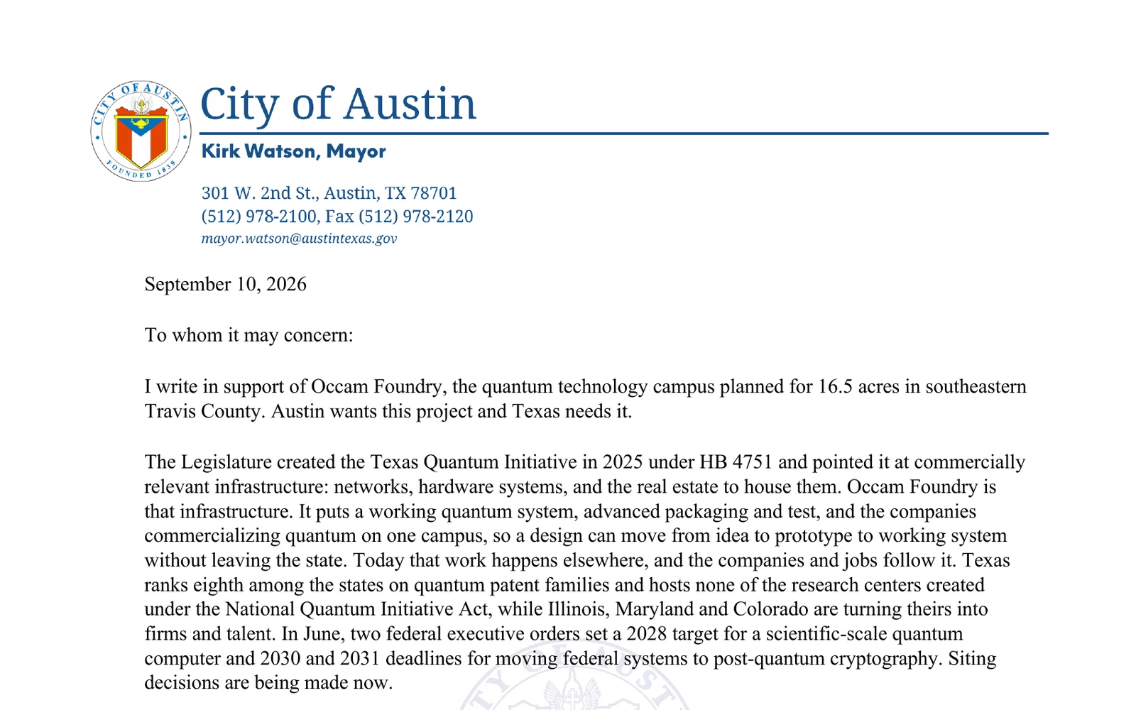 The top of the Mayor of Austin's letter of support on City of Austin letterhead